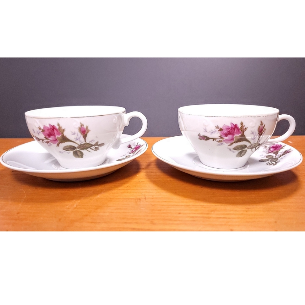 Moss Rose Footed Tea Cup & Saucer Set Of x2 Pink Flowers Japan Bone China